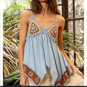 Bohemian Blue and Brown Crochet Trim Top